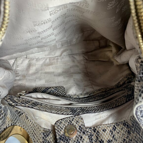 MICHAEL KORS Fulton Python Embossed Leather Large Shoulder Bag - Gray/Tan/Black - Picture 8 of 14